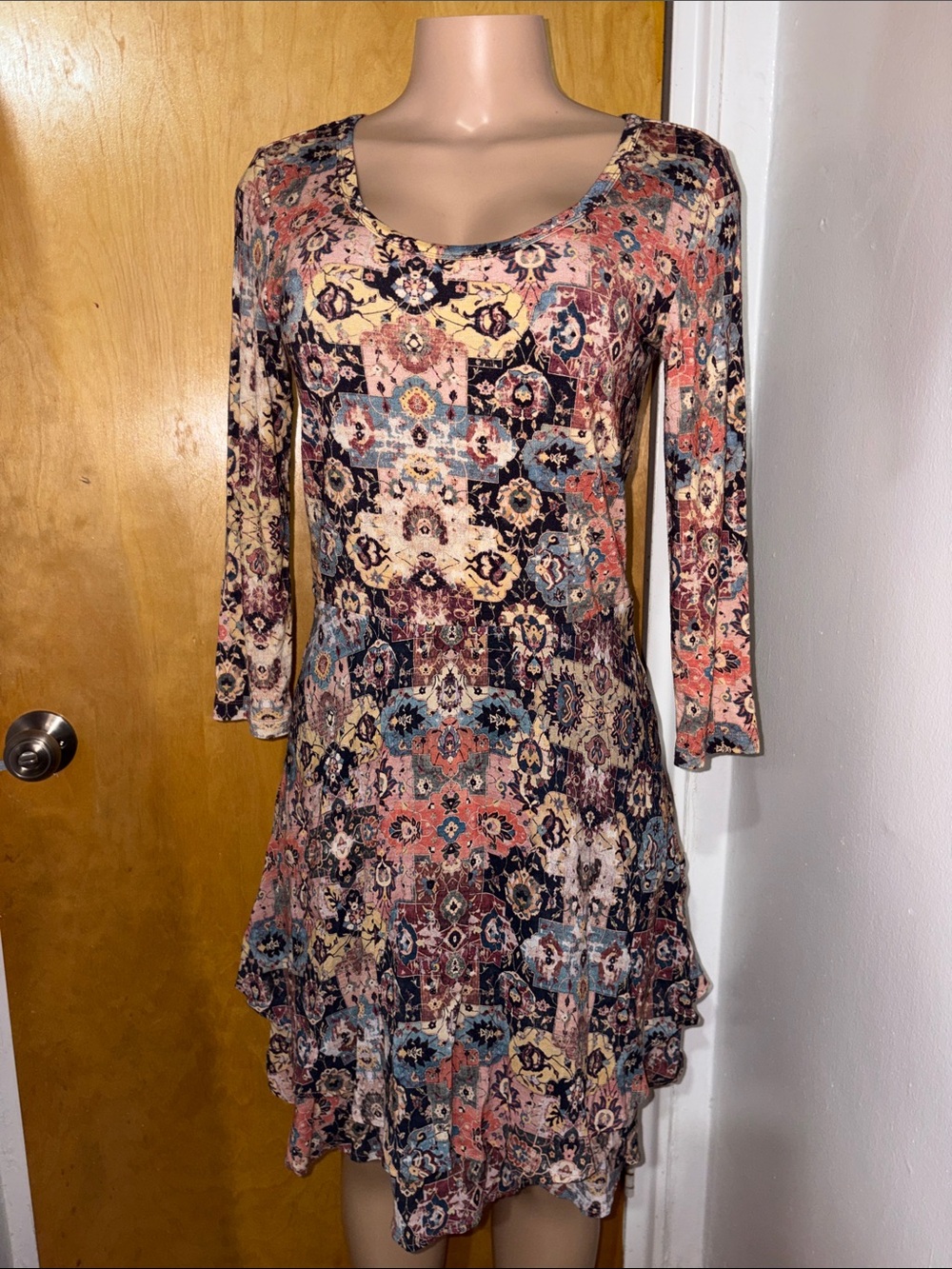 Peruvian Connection Multi Floral Patchwork Scoop Neck Long Sleeve Dress